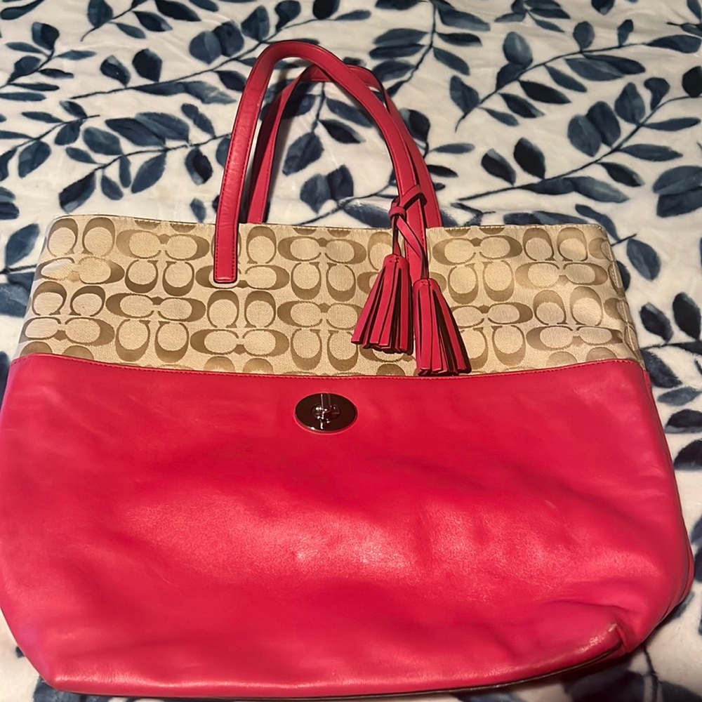 Coach hot pink leather and tan canvas tote